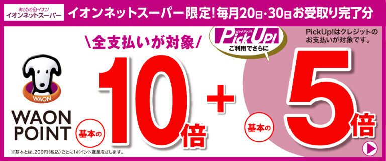 【イオンネットスーパー】毎月20日・30日お受取り完了分 WAON POINT基本の10倍！